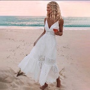 Boho V-neck long white fit & flared cami dress